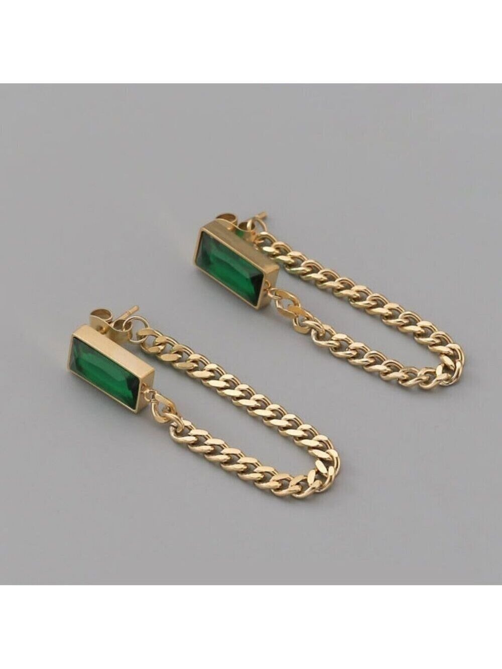 18K Gold Plated Chain Drop Earrings with Simulated Emerald Stone